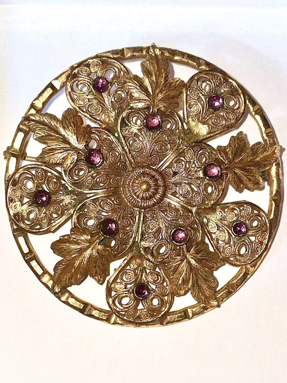 Vintage 1930s Art Deco Brass Filigree Brooch Pin with Purple Glass Rhinestones